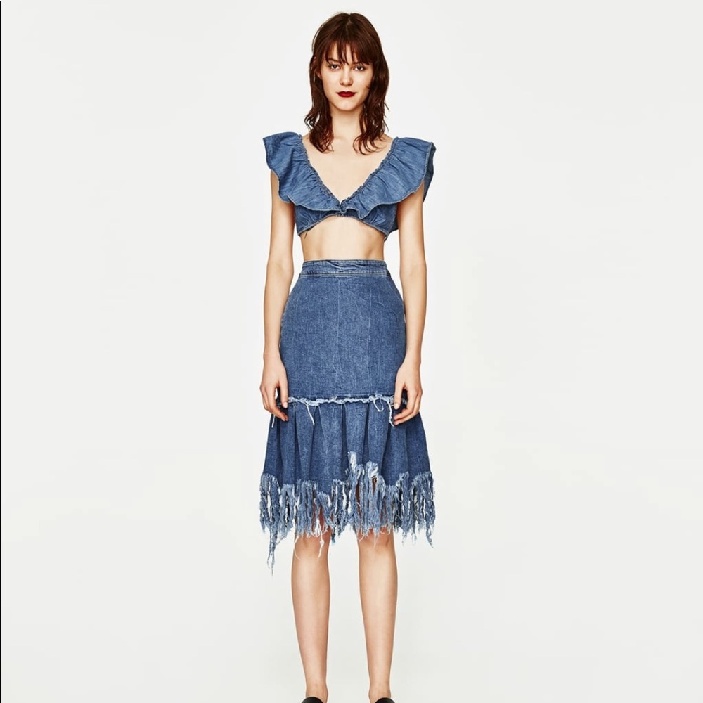 Zara Ruffled Denim Cropped Top